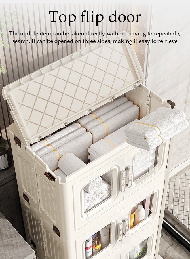 Spides 4 Tiers Foldable Storage Cabinet Multifunctional Double Door Stackable Plastic Storage Bins Cabinet with Wheels Large Capacity Thickened Multi-layer Storage Cabinet for Home, Office，Bedroom， Living Room， Study - Image 5